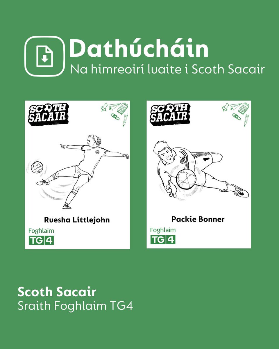 Foghlaim TG4 (@foghlaimtg4) on Twitter photo Cén t-imreoir sacair is fearr leatsa? ⚽️
Luaitear go leor laochra sacair sa tsraith Scoth Sacair agus mar sin tá leathanaigh dhathúcháin (déanta ag <a href="/hughmcjack/">Jack McHugh</a>✍️) ceangailte leis na físeáin ar fad 🤩
#school #schoolresources #peclass #múinteoir #múinteoirbunscoile Cén t-imreoir sacair is fearr leatsa? ⚽️
Luaitear go leor laochra sacair sa tsraith Scoth Sacair agus mar sin tá leathanaigh dhathúcháin (déanta ag <a href="/hughmcjack/">Jack McHugh</a>✍️) ceangailte leis na físeáin ar fad 🤩
#school #schoolresources #peclass #múinteoir #múinteoirbunscoile