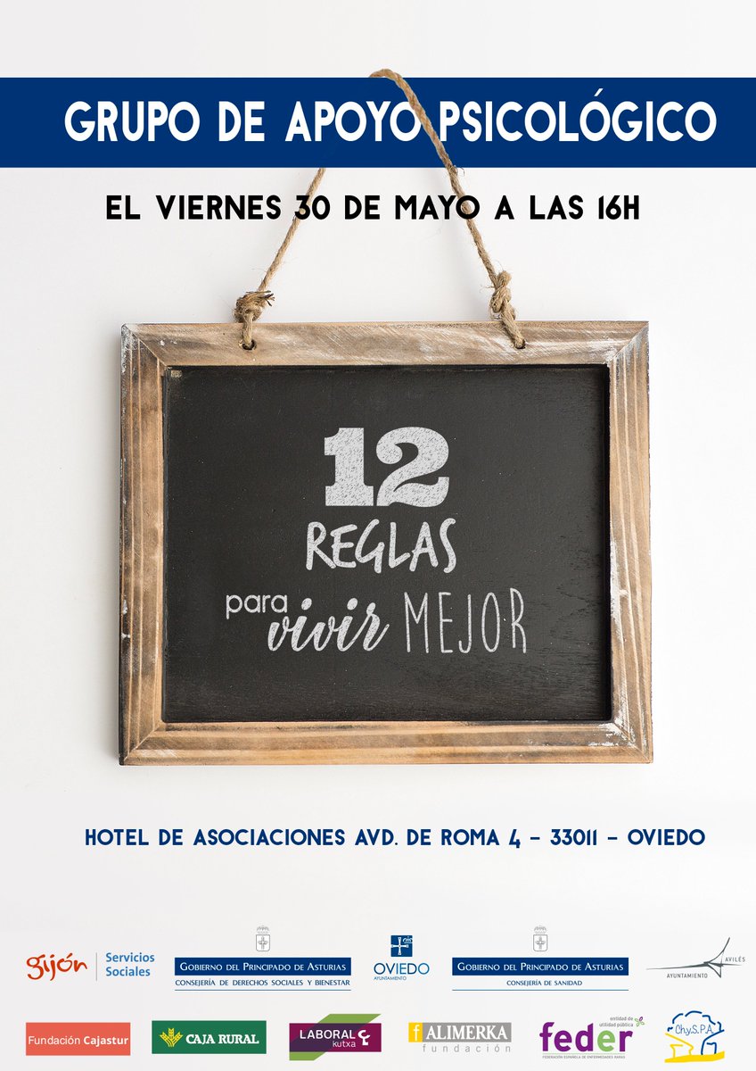 Grupo de Apoyo “12 REGLAS para Vivir Mejor”, el viernes, 30 de mayo de 16:00h a 18:00h.
¡¡¡Os esperamos!!!