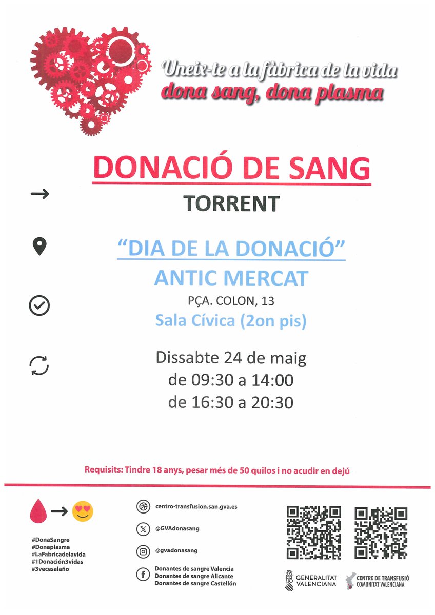 #Torrent, dia de la donació 🩸
📅Dissabte 24 de maig
📌 Antic Mercat 
🕗 9.30 a 14.00 i de 16:30 a 20.30 hores.

Uneix-te a la Fàbrica de la vida❤️