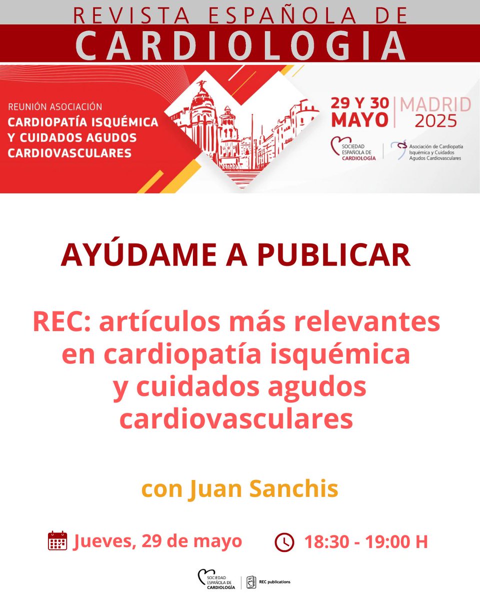 REC Publications (@revespcardiol) on Twitter photo ¿Quieres publicar en @revespcardiol? El editor jefe de #REC, Juan Sanchis (<a href="/JuanSanchisFor/">Juan Sanchis</a>), te explica cómo en la reunión anual de <a href="/AgudosSEC/">Asociación CI y Cuidados Agudos Cardiovasculares</a>. ¡No te pierdas la sesión!
📍 Madrid, Casa del Corazón
🗓️ Jueves 29/05/2025
🕙 18.30 – 19.00 h
#CardioAgudos25 #Agudos25 ¿Quieres publicar en @revespcardiol? El editor jefe de #REC, Juan Sanchis (<a href="/JuanSanchisFor/">Juan Sanchis</a>), te explica cómo en la reunión anual de <a href="/AgudosSEC/">Asociación CI y Cuidados Agudos Cardiovasculares</a>. ¡No te pierdas la sesión!
📍 Madrid, Casa del Corazón
🗓️ Jueves 29/05/2025
🕙 18.30 – 19.00 h
#CardioAgudos25 #Agudos25
