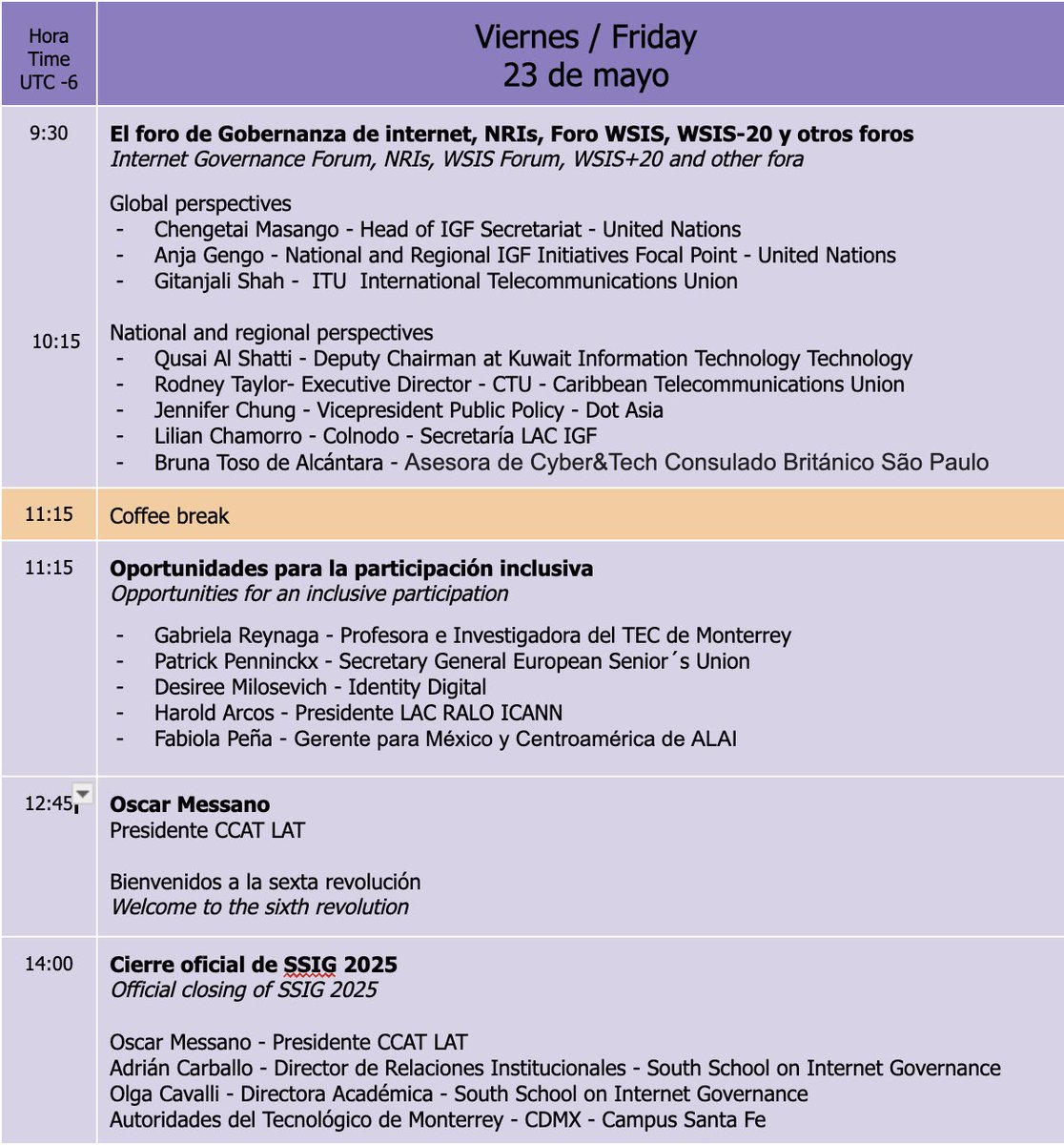 Dia 5 <a href="/SSIGLAC/">SSIGLAC</a> 2025  México, Campus Santa Fe TEC de Monterrey Programa: gobernanzainternet.org/.../tpl/pdf/ss…
Sigue todo en YouTube channel SSIG LAC en dos idiomas: Español acortar.link/krSf7P e Inglés acortar.link/5fHQS7 Te esperamos!! #SSIGLAC2025