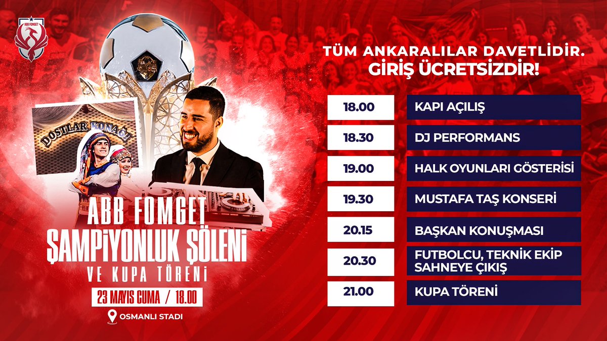 Kupa Başkentte, Kutlama Bugün Yenikent’te!🏆

Tarihe geçen bir sezona, unutulmaz bir şampiyonluk kutlamasıyla taç takıyoruz.
Başkentimizin gururu ABB Fomget’in şampiyonluk coşkusuna sen de ortak ol!

🗓️ 23 Mayıs Cuma (Bugün)
⏰ 18.00
📍 Osmanlı Stadı
🎙️ Mustafa Taş Konseri
🎫