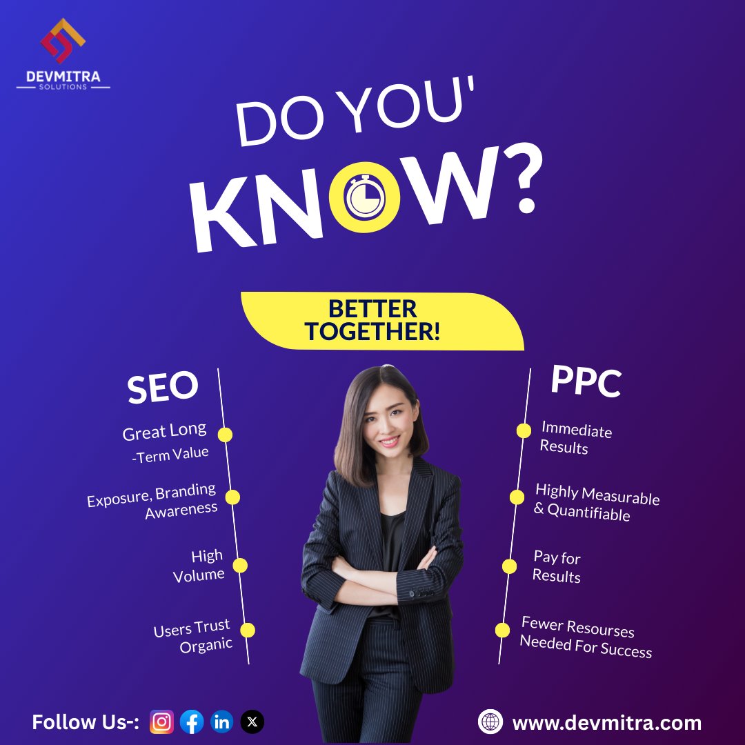 devmitrasoln's tweet photo. 📷 SEO vs PPC – Why Not Use Both? Better Together! 
#SEO #PPC #DigitalMarketing #MarketingStrategy #OnlineSuccess #SEOVsPPC #DevmitraSolutions #BrandAwareness #BusinessGrowth #MarketingTips https://t.co/ANpFRUmNgn