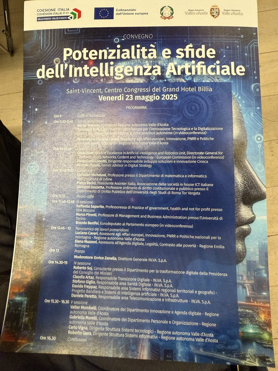 A Saint-Vincent per il convegno “Potenzialità e sfide dell’Intelligenza Artificiale”. Una giornata di confronto sul futuro tecnologico e digitale della Valle d’Aosta e non solo. <a href="/camcomao/">Chambre valdôtaine</a> <a href="/vdaufficiale/">Regione Autonoma Valle d'Aosta</a> #AI #ValleDAosta #Innovazione