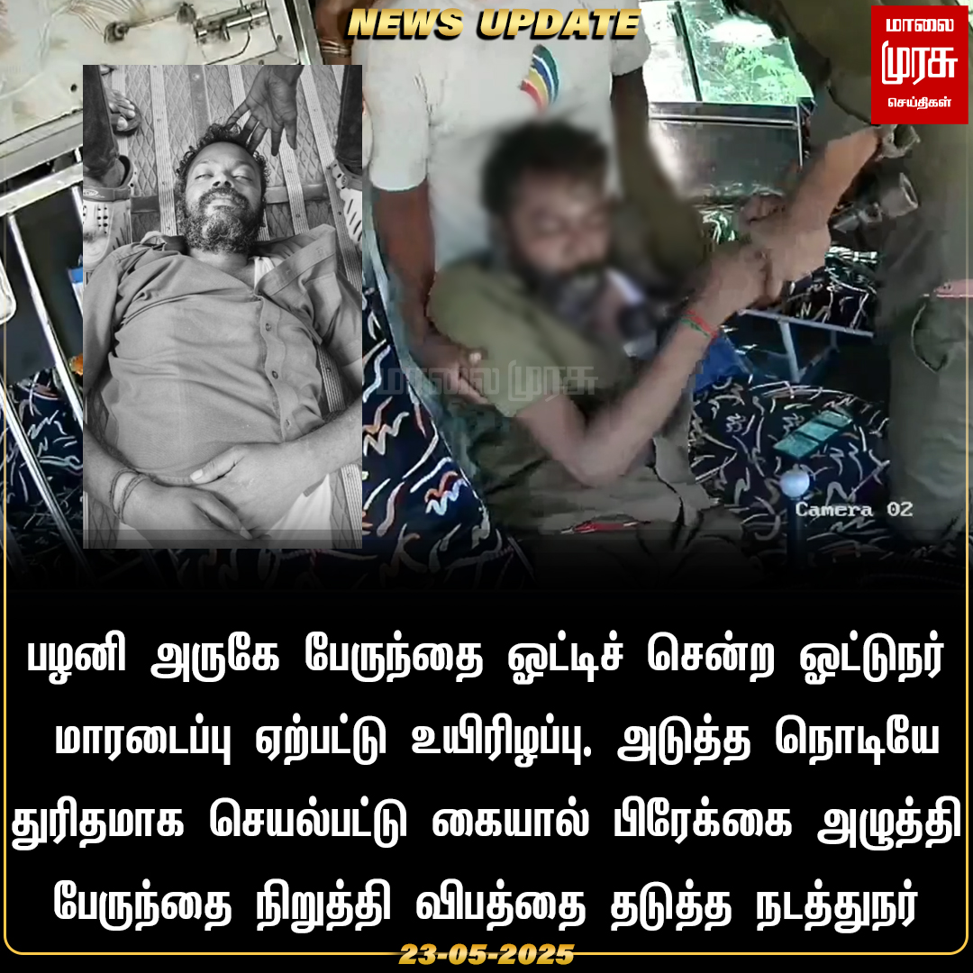 MalaimurasuTv's tweet photo. பழனி அருகே தனியார் பேருந்தை ஓட்டிச் சென்ற ஓட்டுநர் மாரடைப்பு ஏற்பட்டு உயிரிழப்பு
#Malaimurasu #NewsUpdates #Palani #PrivateBusDriver #HeartAttack https://t.co/7FB2aRwlrN