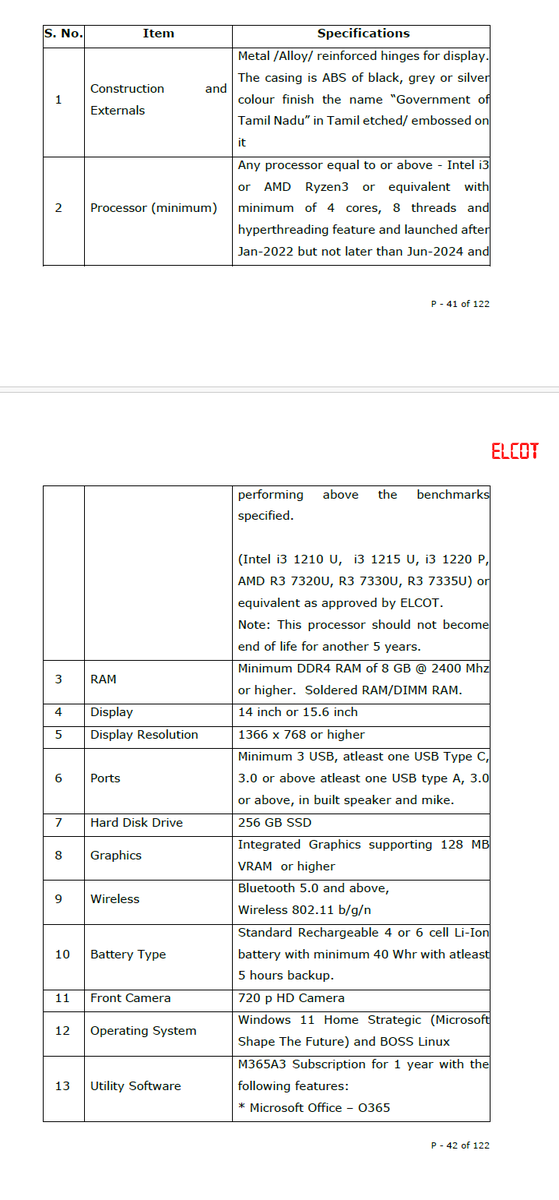 arcot2arctic's tweet photo. Government laptop tender specifications. very good configuration for +2 students with 256 Gb SSD. https://t.co/E7G3UB5tgs