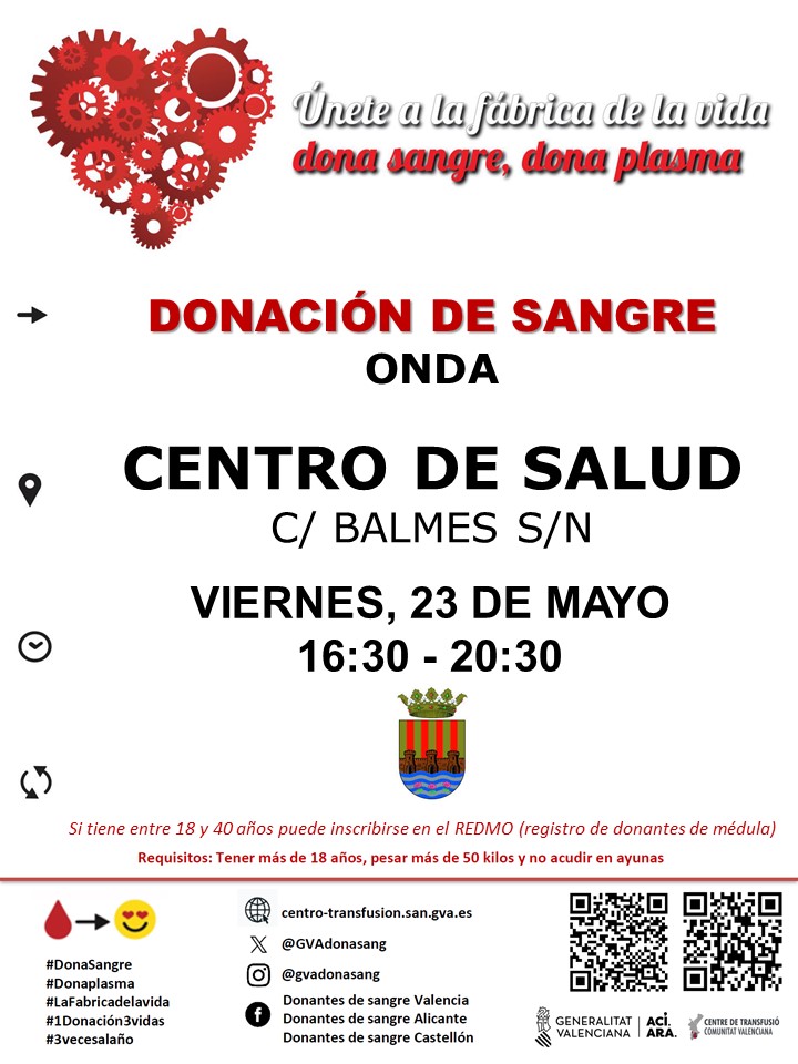 Dona sangre en #Onda
📆Viernes #23mayo 

👉No esperes a una situación de emergencia, dona con regularidad para salvar vidas.

#DonaSangre #ComparteVida ❤