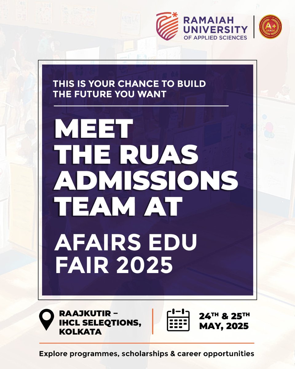 Meet the RUAS Admissions Team at the AFAIRS Edu Fair in Kolkata! Explore programs, scholarships &amp; career paths that shape your future.
24–25 May 2025 | Raajkutir – IHCL SeleQtions, Kolkata
Build the future you want.
#RUAS #Admissions2025 #AfairsEduFairExhibition #StudyInIndia