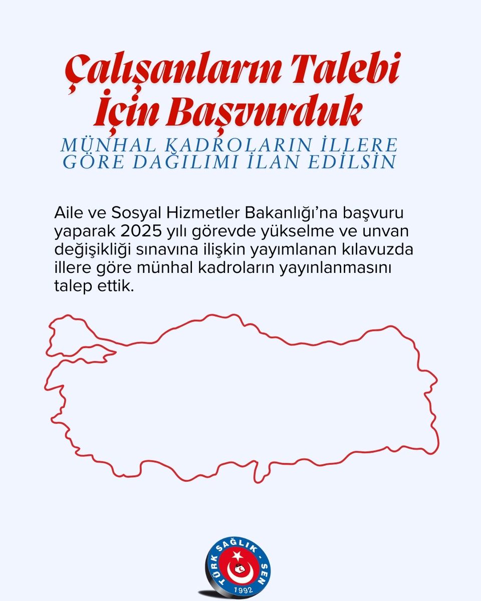 Aile ve Sosyal Hizmetler Bakanlığı'nın 2025 yılı görevde yükselme ve unvan değişikliği sınavına ilişkin yayımlanan kılavuzda illere göre münhal kadroların yer almaması nedeniyle sendikamız tarafından Bakanlığa bir başvuru yapıldı.

Yapılan başvuruda söz konusu durum nedeniyle