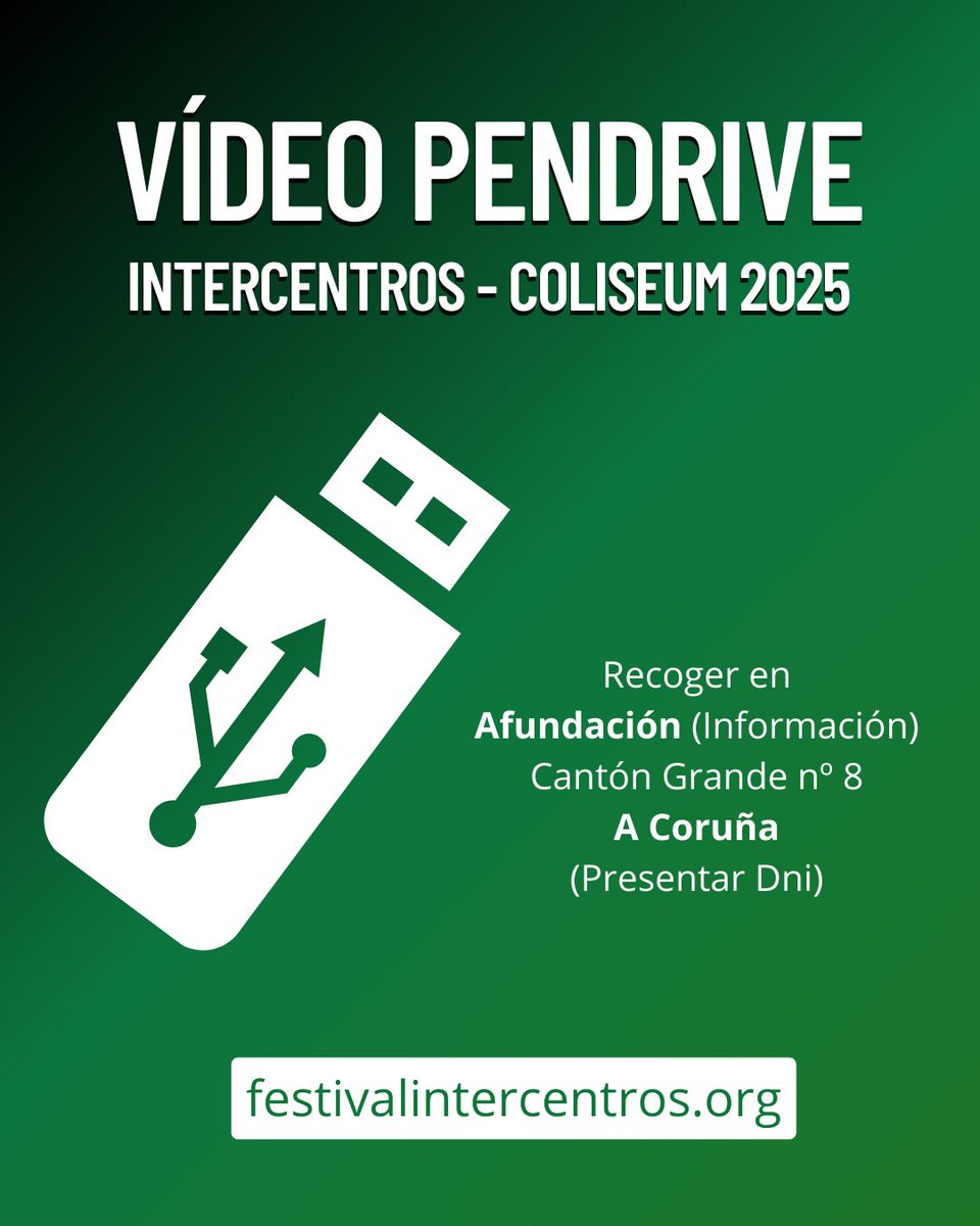 FESTIVAL INTERCENTROS A Coruña (@fintercentros) on Twitter photo 📌#Intercentros2025. Ya puedes recoger tu vídeo pendrive de la gala Intercentros 2025 del Coliseum, en <a href="/Afundacion_org/">Afundación</a> de A Coruña. 📌#Intercentros2025. Ya puedes recoger tu vídeo pendrive de la gala Intercentros 2025 del Coliseum, en <a href="/Afundacion_org/">Afundación</a> de A Coruña.