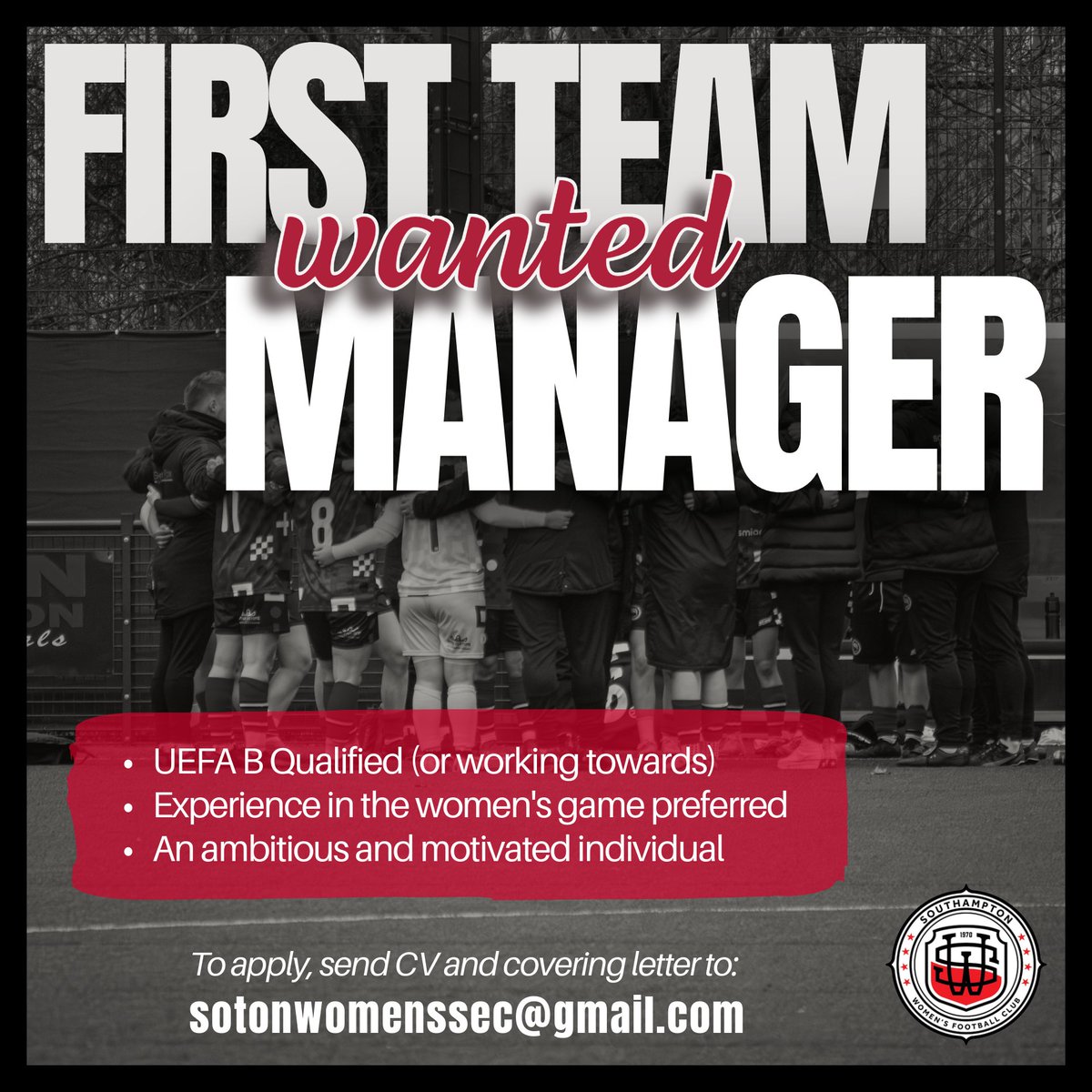 Southampton Women's FC (@sotonwomensfc) on Twitter photo We are still accepting applications for the position of First Team manager. All applications to be submitted to the email below.
📧 - sotonwomenssec@gmail.com We are still accepting applications for the position of First Team manager. All applications to be submitted to the email below.
📧 - sotonwomenssec@gmail.com