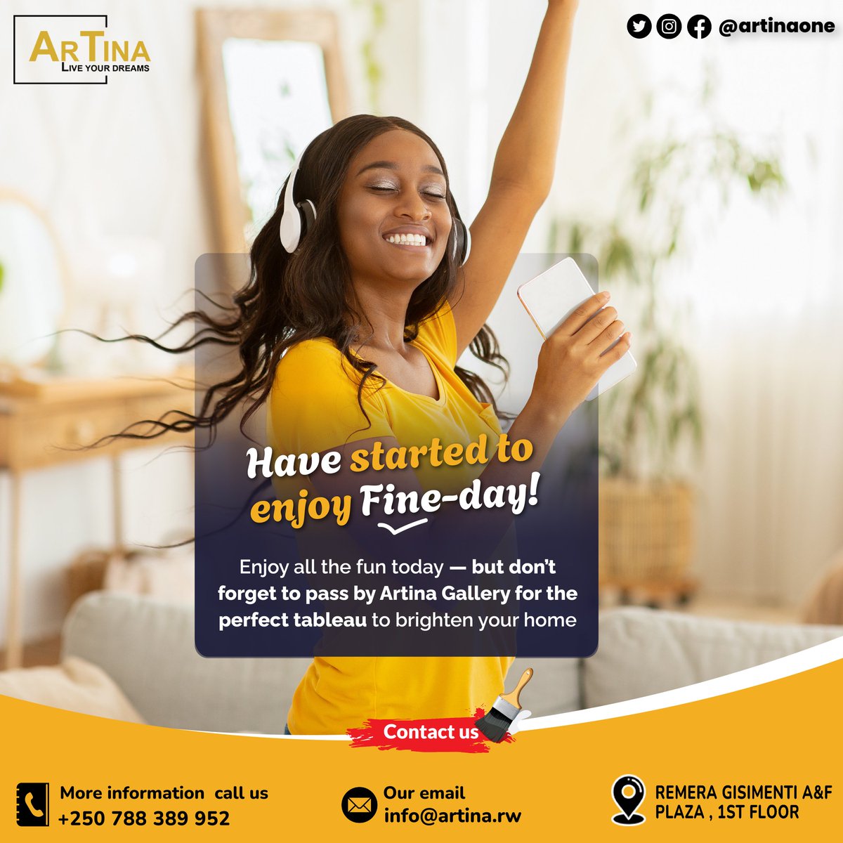 artinaone's tweet photo. It’s Friday — enjoy the vibes, the fun, the freedom!
But before the day ends, pass by Artina Gallery and find the perfect tableau to elevate your home. #artinagallery #WeekendVibesRw #WeekendPlans #bestgalleryinrwanda #perfectartinrwanda #bestshopinrwanda #artinrwanda #bestart https://t.co/kTaVFlCCeC