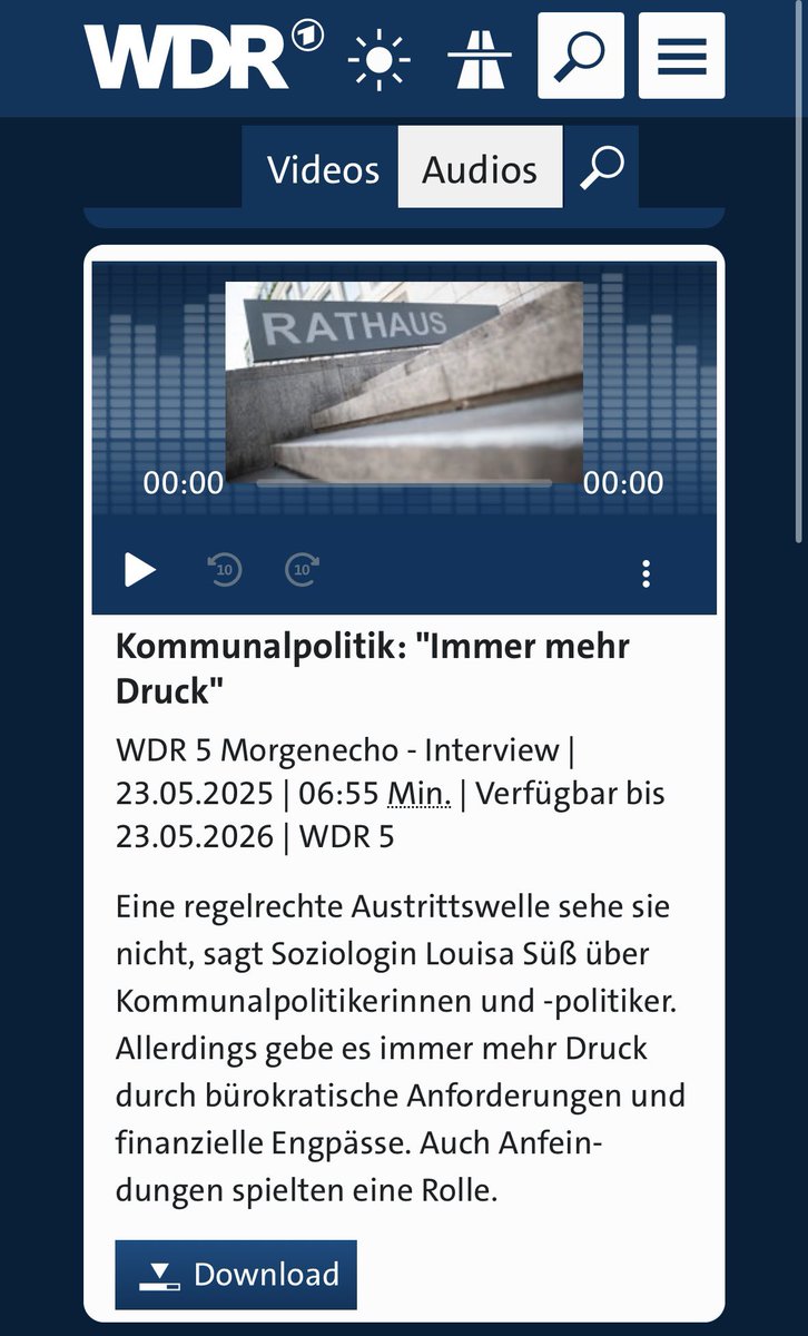 Heute im WDR5 Morgenecho konnte ich über den steigenden Druck in der Kommunalpolitik sprechen. Zum Nachhören: www1.wdr.de/mediathek/audi…