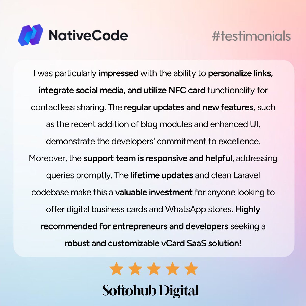 NativeCodeIn's tweet image. 🏅 We value honest feedbacks! 🤩
✨ It's one of them 😇
🔗 Check out GoBiz here - cutt.ly/6raSfYYJ
#SaaS #NativeCode #ClientFeedback