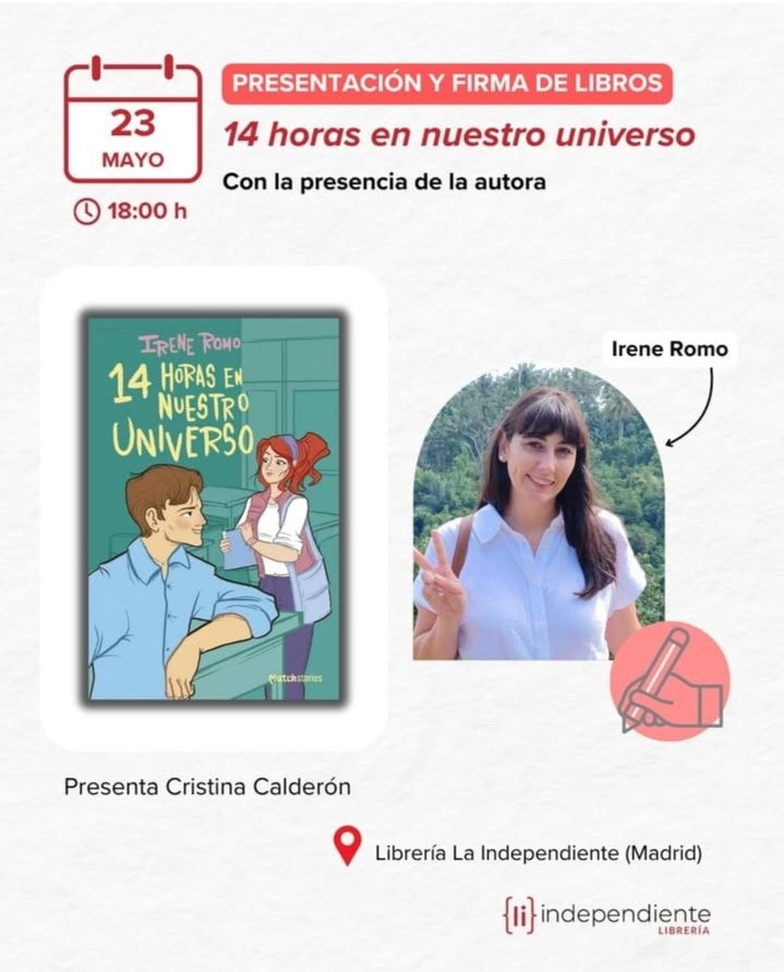 Irene Romo (@irene_romo_) on Twitter photo ¡Holi! Esta tarde presento mi nueva novela en La Independiente en Madrid y estoy un poco cagada por si no viene nadie. 🥲
Habrá picoteo y detallitos para los asistentes. 🫶🏻
Si te gustan los libros románticos y la charleta, puede que te lo pases bien ese rato con nosotras. 💓🥺 ¡Holi! Esta tarde presento mi nueva novela en La Independiente en Madrid y estoy un poco cagada por si no viene nadie. 🥲
Habrá picoteo y detallitos para los asistentes. 🫶🏻
Si te gustan los libros románticos y la charleta, puede que te lo pases bien ese rato con nosotras. 💓🥺
