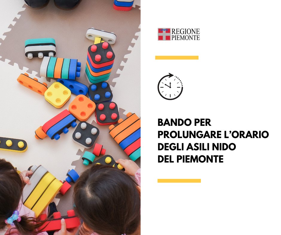 🟧I Comuni piemontesi possono aderire al bando della Regione Piemonte con risorse del Fse Plus per il prolungamento orario asili nido per l'anno educativo 2025-2026.
Domande entro le ore 16.00 del 12 giugno 2025 con le modalità pubblicate su 🔽
bandi.regione.piemonte.it/contributi-fin…