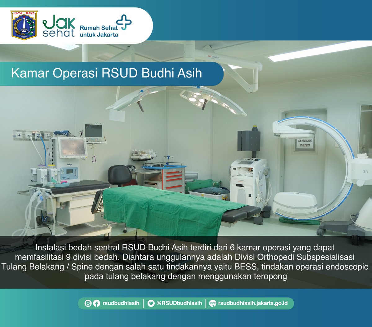 Halo sahabat sehat 👋🏻

RSUD Budhi Asih memiliki layanan unggulan salah satunya adalah Divisi Orthopedi Subspesialisasi Tulang Belakang/Spine dengan salah satu tindakannya yaitu BESS, tindakan operasi endoscopic pada tulang belakang dengan menggunakan teropong.