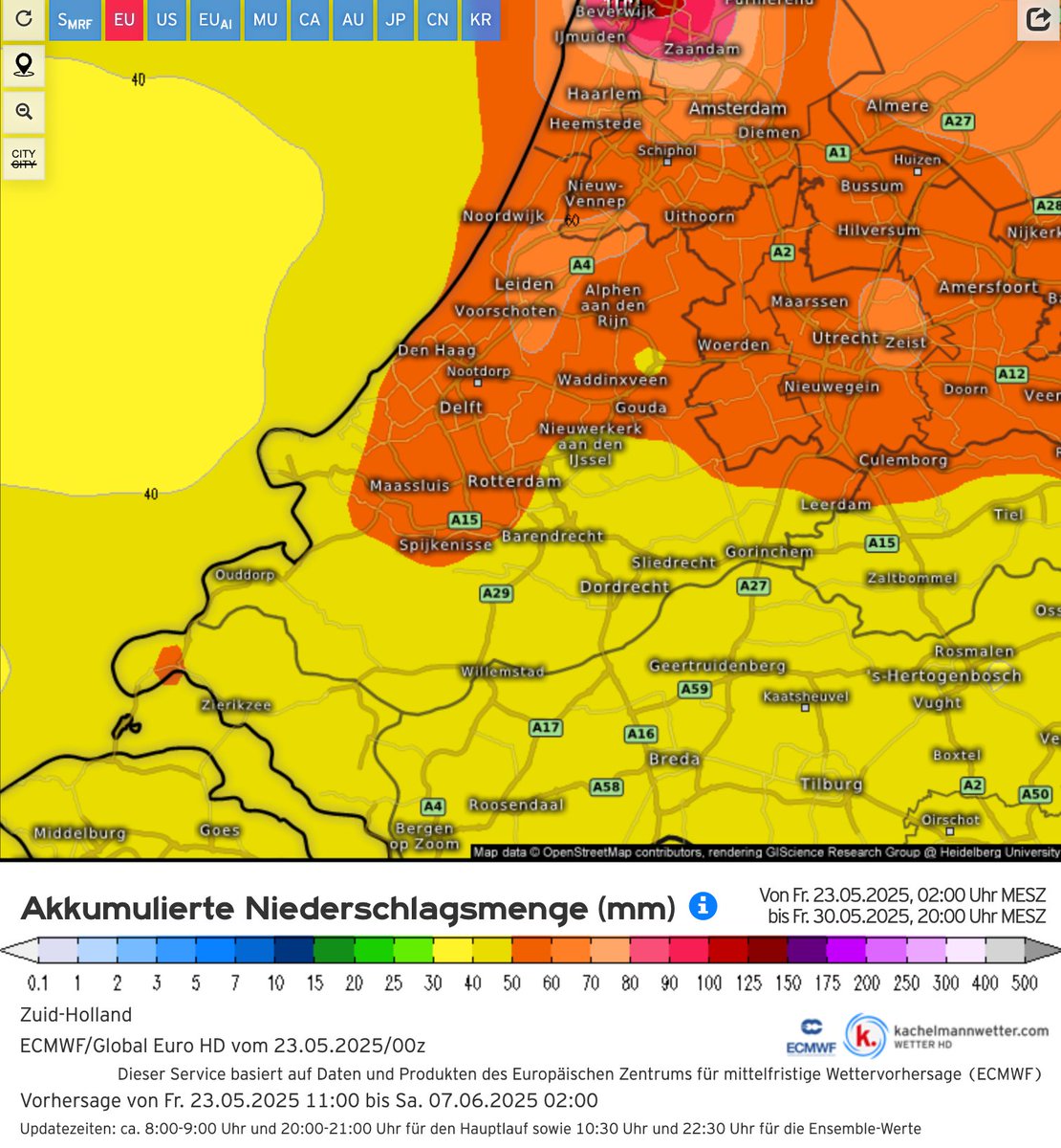 De operationele run van het Europese model verwacht voor de komende week veel regen. In onze regio kan er tot en met volgende week vrijdagavond mogelijk 40 tot 60 mm neerslag vallen. We gaan het meemaken!