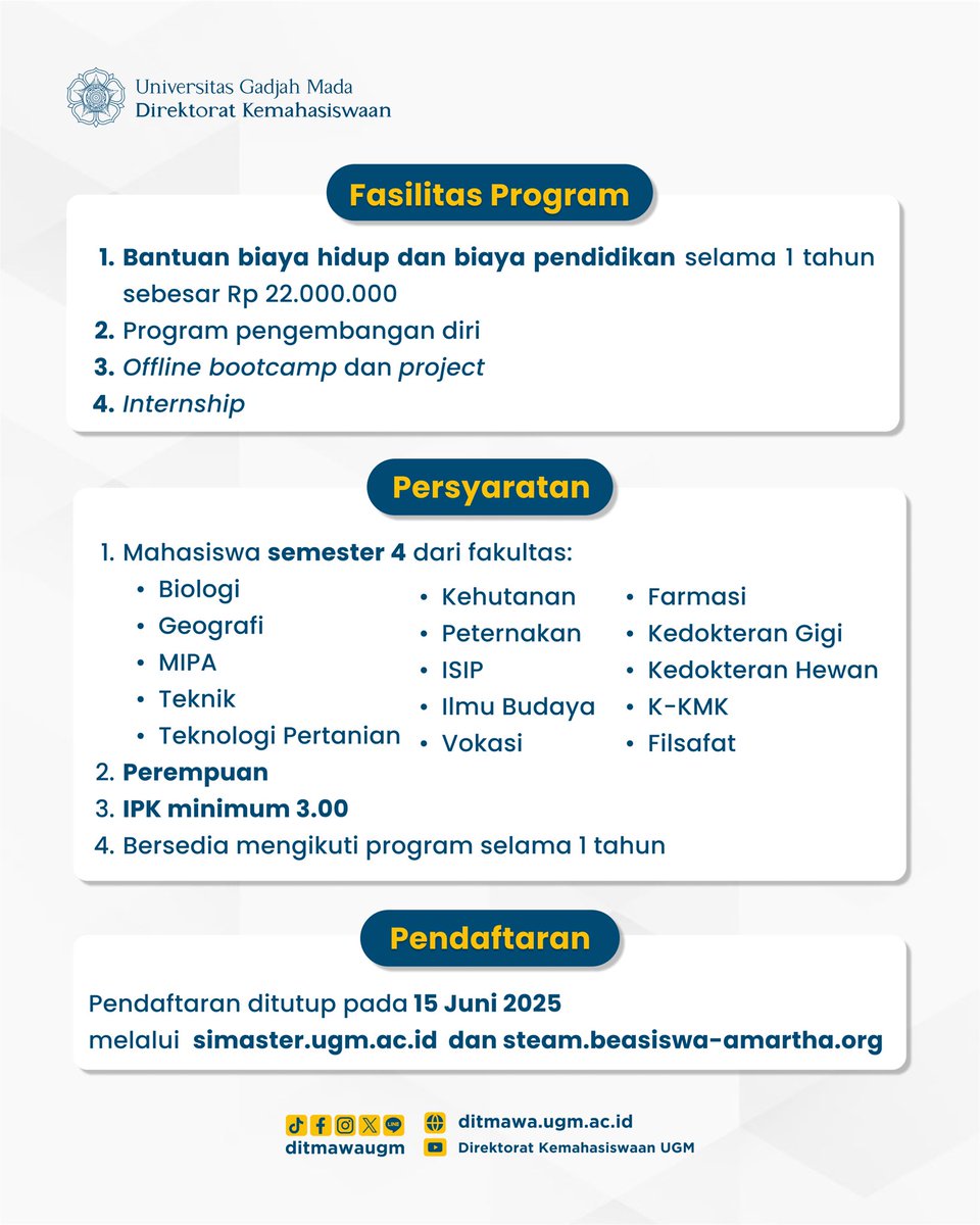 Halo Sobat Ditmawa!
Yuk, ikuti Amartha STEAM Fellowship dan dapatkan beasiswa hingga Rp22 juta serta kesempatan pengembangan diri dan magang!✨

🗓️Pendaftaran dibuka hingga 15 Juni 2025
Daftar di simaster.ugm.ac.id dan steam.beasiswa-amartha.org

Saatnya perempuan bergerak,