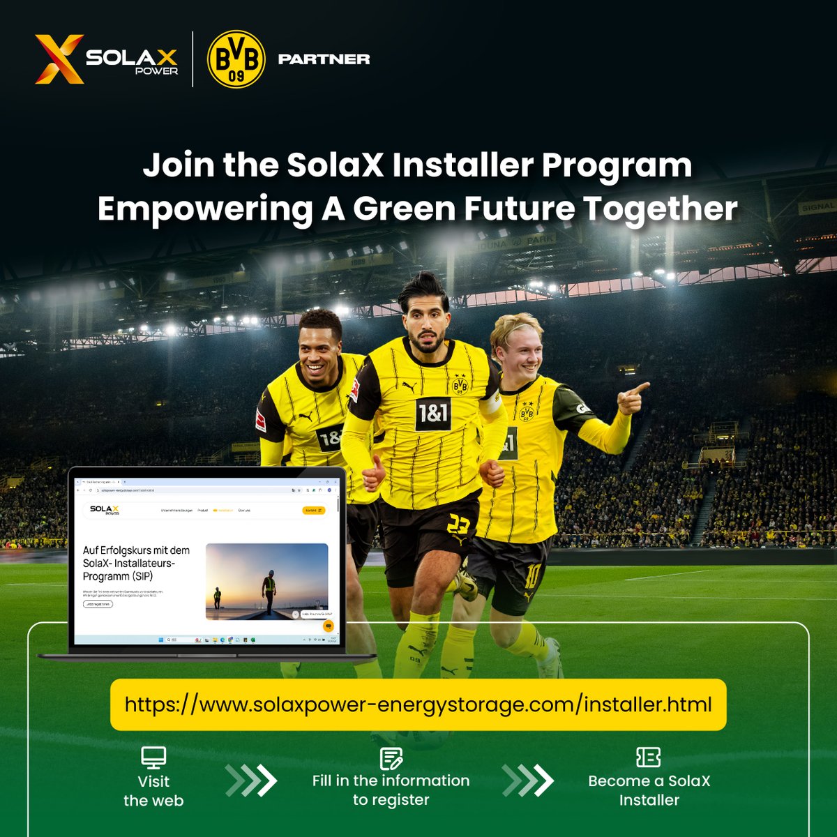 #SolaXEvent 🛠️ Calling All Installers in Germany – Join the Winning Team with SolaX &amp; Borussia Dortmund! ⚽

Are you a professional installer in Germany looking to grow your business? Team up with SolaX Power, a global leader in solar energy storage – and now an official partner