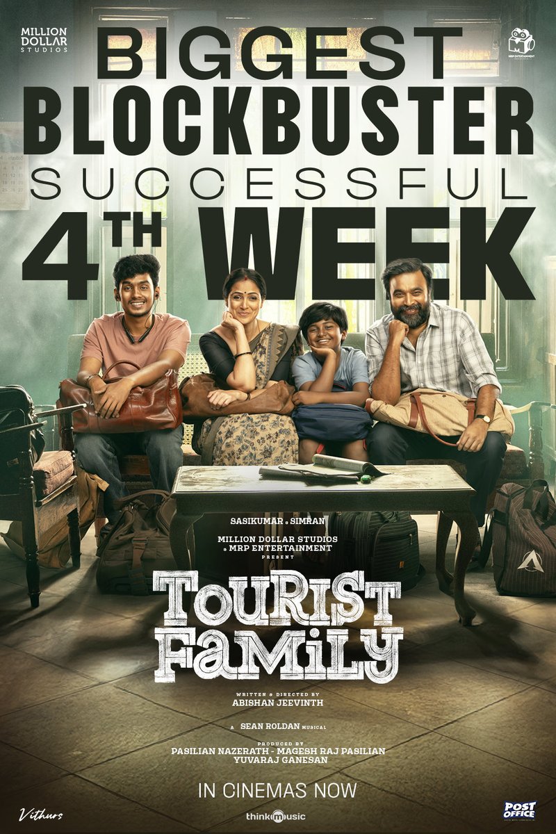 BIGGEST BLOCKBUSTER #TouristFamily Successful  4th Week 
<a href="/Megastartheatre/">Megastar Cinemas A/C DolbyAtmos</a>
 <a href="/vetriesquare/">VETRI E-SQUARE</a> <a href="/KasiTheatreKum/">KASI A/C ATMOS RGB+LASER</a> <a href="/ThailammaiC/">Thailammai Cinemas A/C 4K Dolby Atmos</a> <a href="/RKPCINEMAS/">RKP CINEMAS</a>