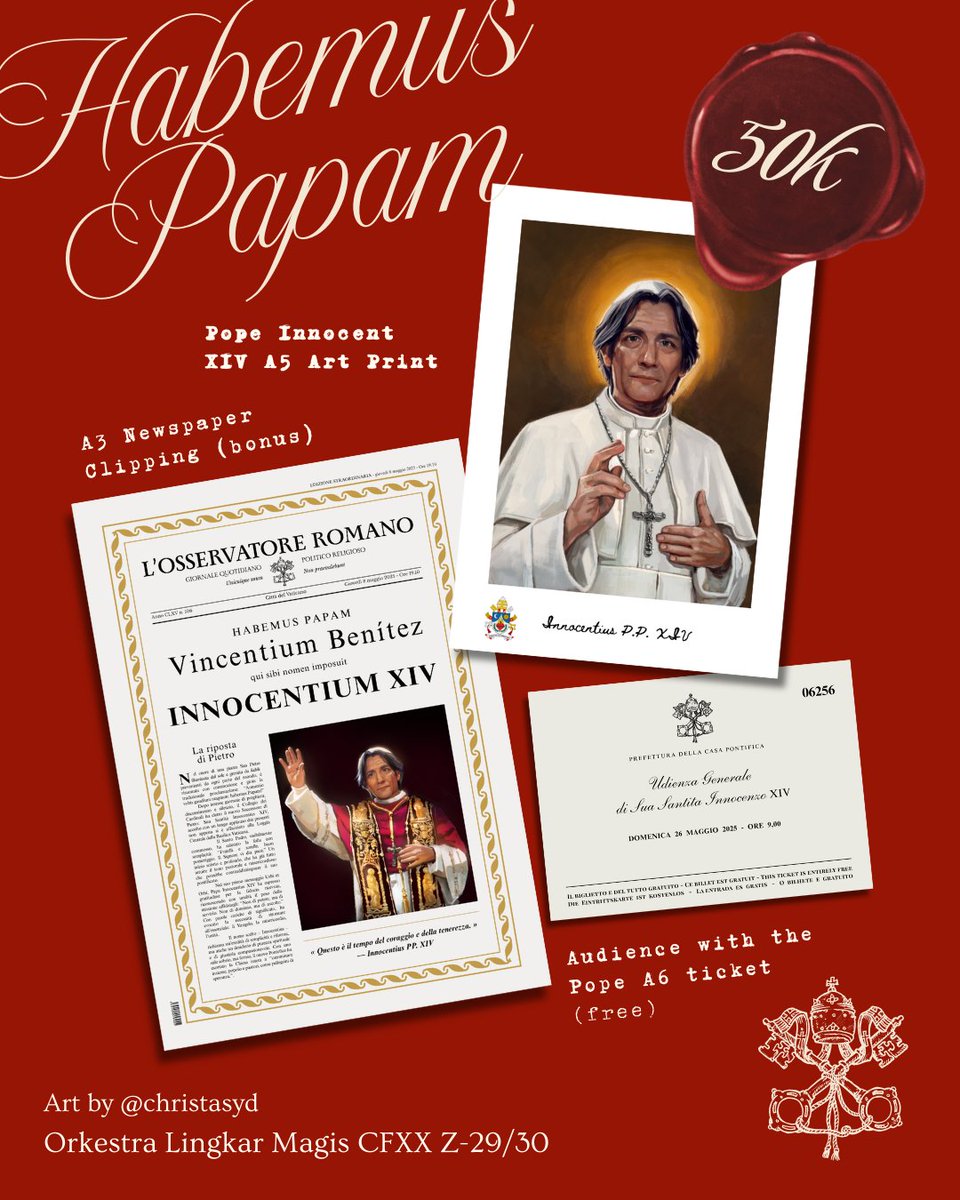 christasyd's tweet photo. Habemus Papam!

To celebrate the election of the new Pope, I will be selling Conclave prints bundles at Comifuro XX this weekend.

💰IDR 50k (you will get all three as a package)
📍Z-29/30 Orkestra Lingkar Magis

See you!

#CFXXcatalogue https://t.co/C9QYytLB1A