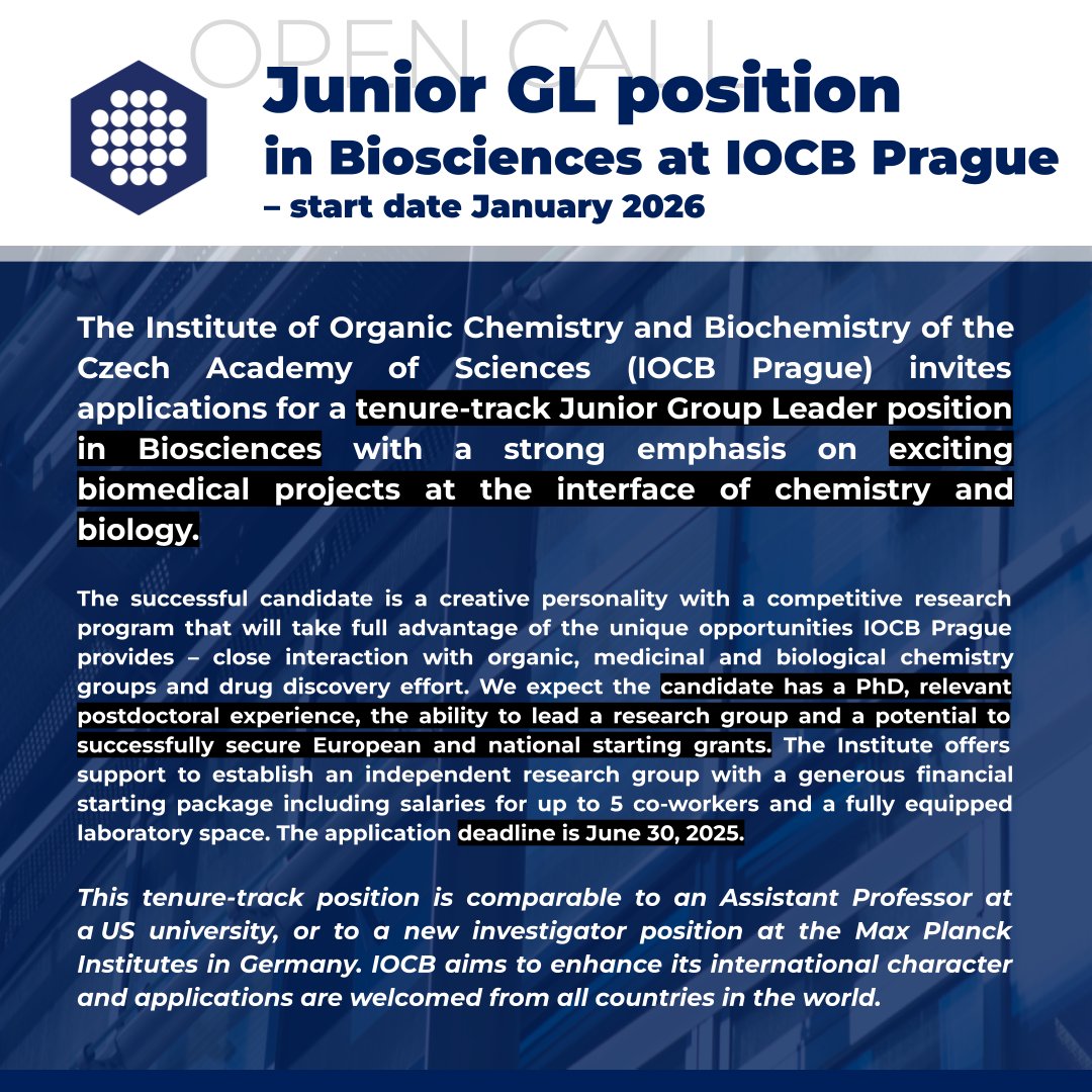 researchjobs.cz (@researchjobs_cz) on Twitter photo Outstandingly attractive junior #groupLeader position in #biosciences at a top-level #research institution: Institute of Organic Chemistry and Biochemistry <a href="/IOCBPrague/">IOCB Prague</a>
Read more: researchjobs.cz/h51xJ
#organicChemistry #medicinalChemistry #biologicalChemistry #Prague #jobs Outstandingly attractive junior #groupLeader position in #biosciences at a top-level #research institution: Institute of Organic Chemistry and Biochemistry <a href="/IOCBPrague/">IOCB Prague</a>
Read more: researchjobs.cz/h51xJ
#organicChemistry #medicinalChemistry #biologicalChemistry #Prague #jobs