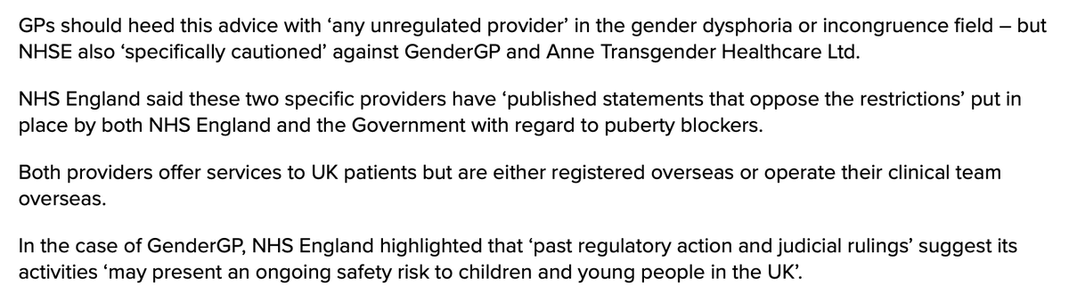 Cox_A_R's tweet photo. The NHS has told GPs that GenderGP, founded by Helen Webberley, ‘may present an ongoing safety risk to children and young people in the UK’, and they should refuse shared care with them.

Webberley: 'Puberty blockers are natural, safe, effective, life-saving, life-enhancing.' https://t.co/OC0p13navO