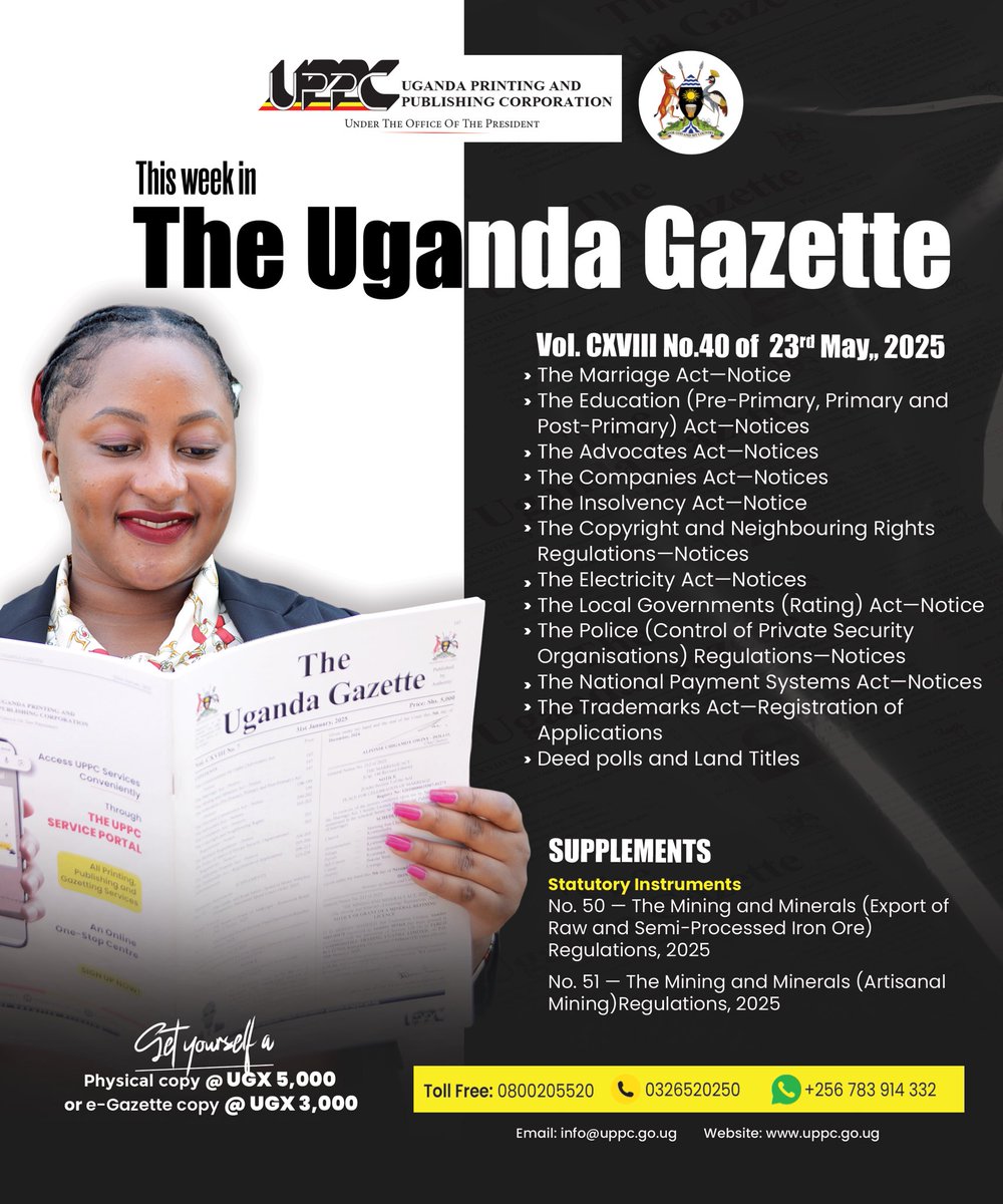 UgandaGazette's tweet image. This week in the #UgandaGazette. 

portal.uppc.go.ug