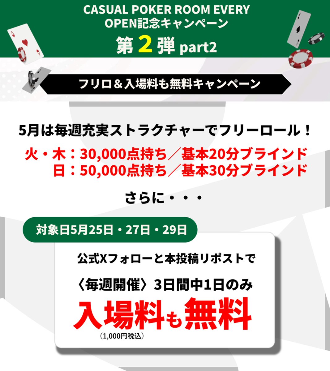 EVERY_gotanda's tweet photo. 【OPEN記念第２弾   part2✌】   
5月のフリーロールキャンペーンpart２👏👏👏   

フリーロールとは思えないほど充実したストラクチャーです🎖️🎖️
ぜひ堪能しにきてください🙇
         
さらになんと・・・‼️   
フォロー＆リポストで      

━━━━━━━━━    
もれなく   
🎁入場料（1,000円税込）も無料🎁   　
※毎週1回のみ   　
※本投稿は5月25日・27日・29日が対象   ━━━━━━━━━       

※条件は以下の通り※   
①@EVERY_gotanda をフォロー    
②本投稿をリポスト   
③フリーロールに参加（3日間の内1日のみ）      
📝毎週のフリーロール情報📝  
火・木：30,000点持ち／基本20分ブラインド♣️
 　　　　18:00 開始 20:30受付締切   
日　　：50,000点持ち／基本30分ブラインド😍
 　　　　12:00 開始 16:20受付締切      

#五反田ポーカー   
#ポーカー   
#CASUALPOKERROOM