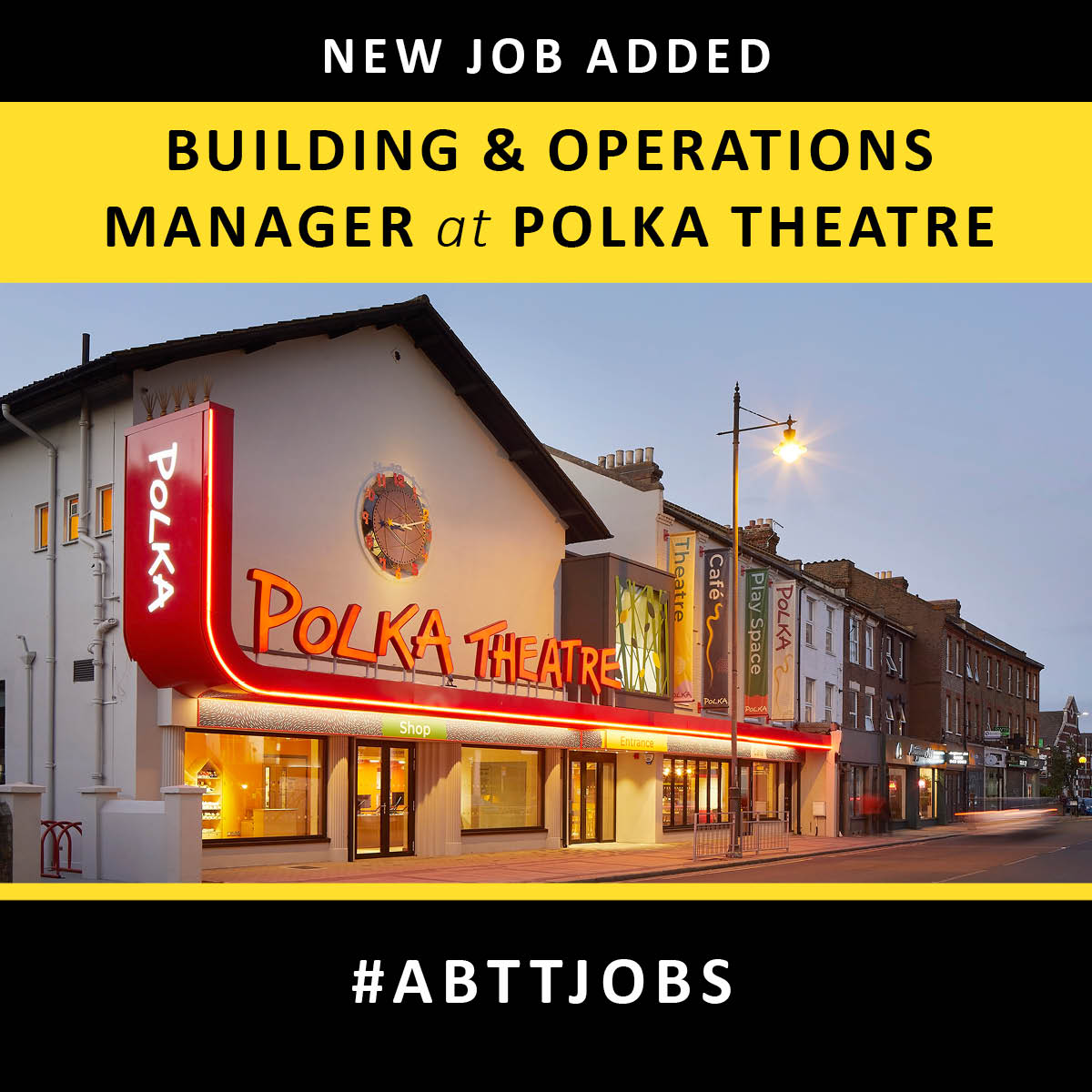 Polka Theatre in Wimbledon are seeking a Building &amp; Operations Manager (part-time) to join their team.

Find out more and apply here: abtt.org.uk/jobs/building-…

#ABTTjobs TheatreJobs