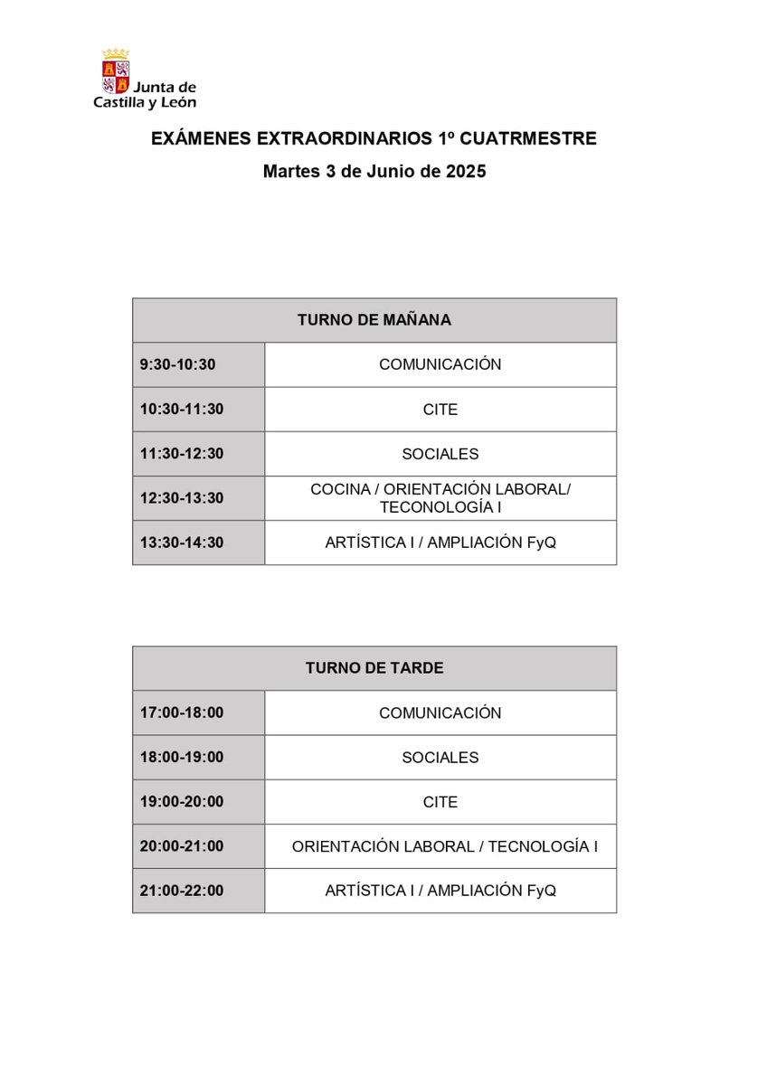 Horario exámenes extraordinarios 1 cuatrimestre ESPA