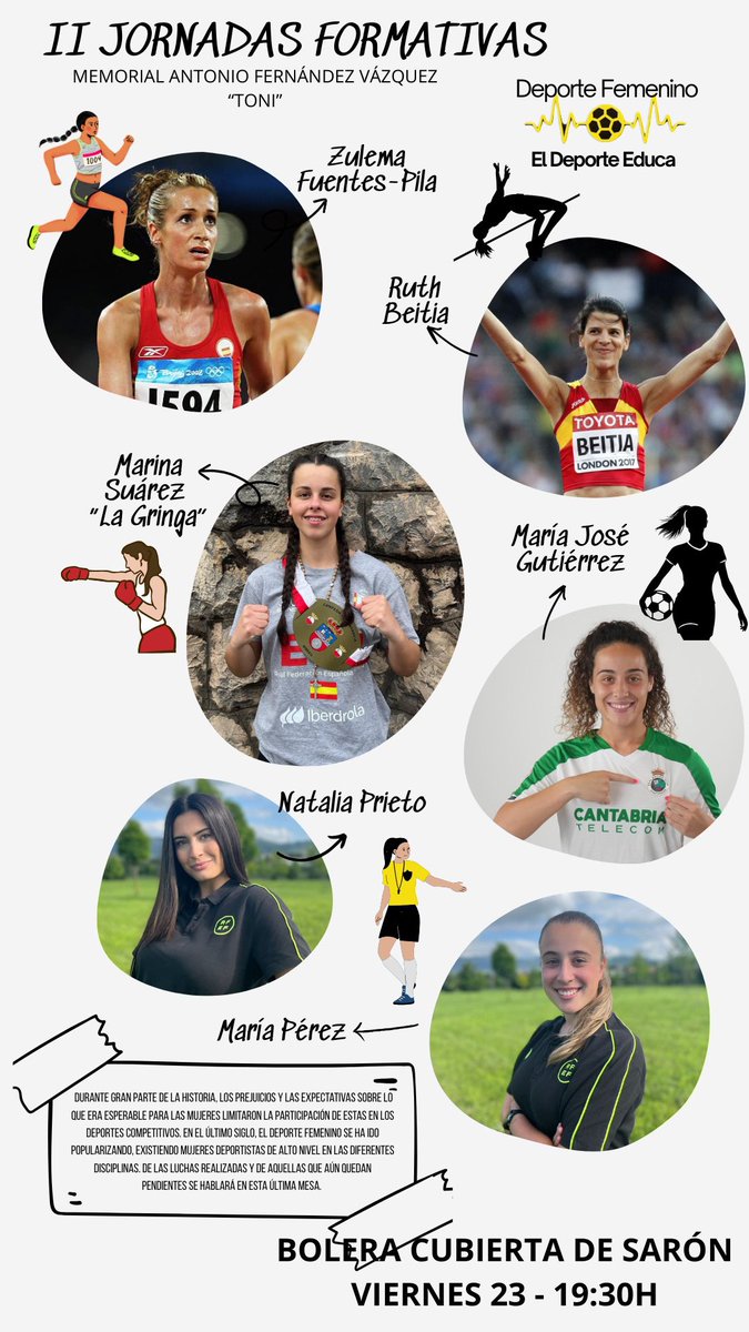 Y hoy… 🥁🥁🥁
Clausuramos nuestras charlas-coloquio a lo grande. El Deporte Femenino. ¿Enserio te lo vas a perder? 
Te esperamos a las 19:30h en La Bolera de Sarón. ¡Nos vemos!