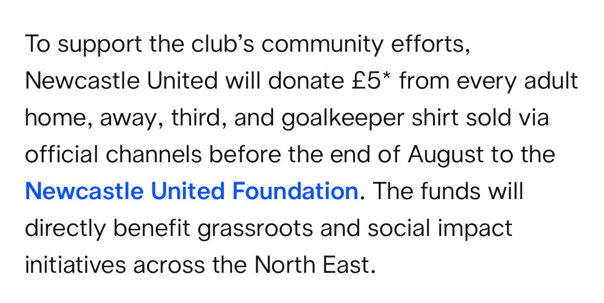 Newcastle United Fan Advisory Board (@nufcfab) on Twitter photo Delighted to see that our initiative to donate £5 from shirt sales to <a href="/NU_Foundation/">Newcastle United Foundation</a> is not only being continued, but extended to away, third and goalkeeper shirts this year. Delighted to see that our initiative to donate £5 from shirt sales to <a href="/NU_Foundation/">Newcastle United Foundation</a> is not only being continued, but extended to away, third and goalkeeper shirts this year.