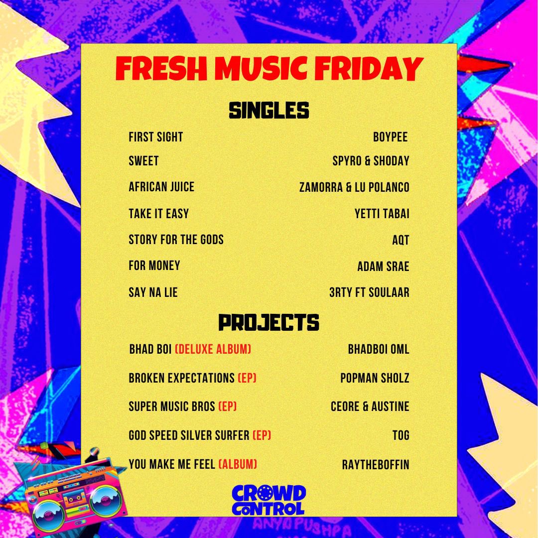 Crowd Control (@crowdcontrolng) on Twitter photo FRESH MUSIC FRIDAY 🎤🎶🎧
STARRING: <a href="/seyi_vibez/">FUJI MOTO</a> 💎
Featuring: <a href="/burnaboy/">Burna Boy</a> <a href="/LadiPoe/">LADIPOE</a> <a href="/ReekadoBanks/">REEKADO BANKS 🇳🇬</a> <a href="/MrFidooooo/">Fido</a> <a href="/alhajitekno/">Tekno</a> <a href="/Gyakie_/">After Midnight</a> <a href="/Bhadboi_OML/">Bhadrr__</a> <a href="/tolibian/">ꪖꪶ𝒾ꫀꪀ ♫</a> <a href="/blacksherif_/">IRON BOY</a> <a href="/iDanDizzy/">DANDIZZY🌊</a> <a href="/merrylynnmusic/">CTRL out now</a> <a href="/ZillaOaks/">Music Videos World</a> <a href="/spyro__Official/">Spyro</a> <a href="/Adam_Srae/">Sunflower Superstar 🌻✨</a> <a href="/boypee__/">choko🍫</a> <a href="/Yettitabai/">Yetti Tabai</a> <a href="/3rtymusic/">3rty 🍭</a> <a href="/raytheboffin/">RあY</a>🔥 FRESH MUSIC FRIDAY 🎤🎶🎧
STARRING: <a href="/seyi_vibez/">FUJI MOTO</a> 💎
Featuring: <a href="/burnaboy/">Burna Boy</a> <a href="/LadiPoe/">LADIPOE</a> <a href="/ReekadoBanks/">REEKADO BANKS 🇳🇬</a> <a href="/MrFidooooo/">Fido</a> <a href="/alhajitekno/">Tekno</a> <a href="/Gyakie_/">After Midnight</a> <a href="/Bhadboi_OML/">Bhadrr__</a> <a href="/tolibian/">ꪖꪶ𝒾ꫀꪀ ♫</a> <a href="/blacksherif_/">IRON BOY</a> <a href="/iDanDizzy/">DANDIZZY🌊</a> <a href="/merrylynnmusic/">CTRL out now</a> <a href="/ZillaOaks/">Music Videos World</a> <a href="/spyro__Official/">Spyro</a> <a href="/Adam_Srae/">Sunflower Superstar 🌻✨</a> <a href="/boypee__/">choko🍫</a> <a href="/Yettitabai/">Yetti Tabai</a> <a href="/3rtymusic/">3rty 🍭</a> <a href="/raytheboffin/">RあY</a>🔥