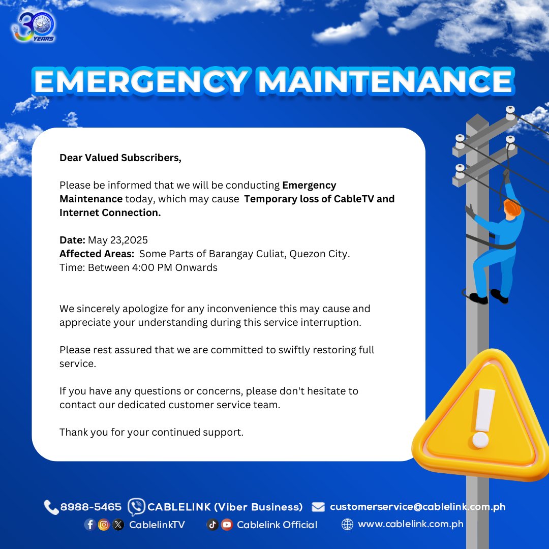 [SERVICE ADVISORY]

Please be informed that we will be conducting Emergency Maintenance today, which may cause  Temporary loss of CableTV and Internet Connection.