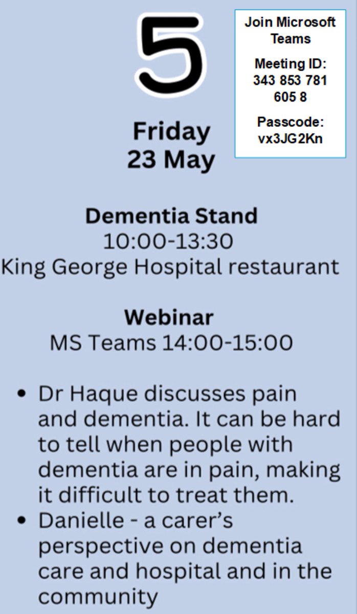 Join us today for a session with Dr.
Haque, who will explore the topic of pain in dementia, &amp; Danielle, a carer sharing her experience of supporting a loved one during a hospital stay. Join through Teams with the code on the poster 🦋 Everyone is welcome.