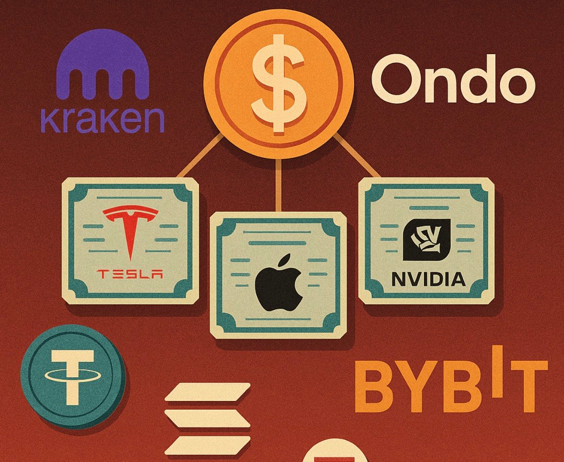 🔥 美股还能怎么玩？看交易所们如何把“美股”搬上链。 不得不说，从美元、债券到现在的股票，代币化的浪潮正在一步步向前推进。 近日，  @krakenfx 携手@BackedFi 推出“xStocks” @xStocksFi ，一次性上线特斯拉、苹果、英伟达等