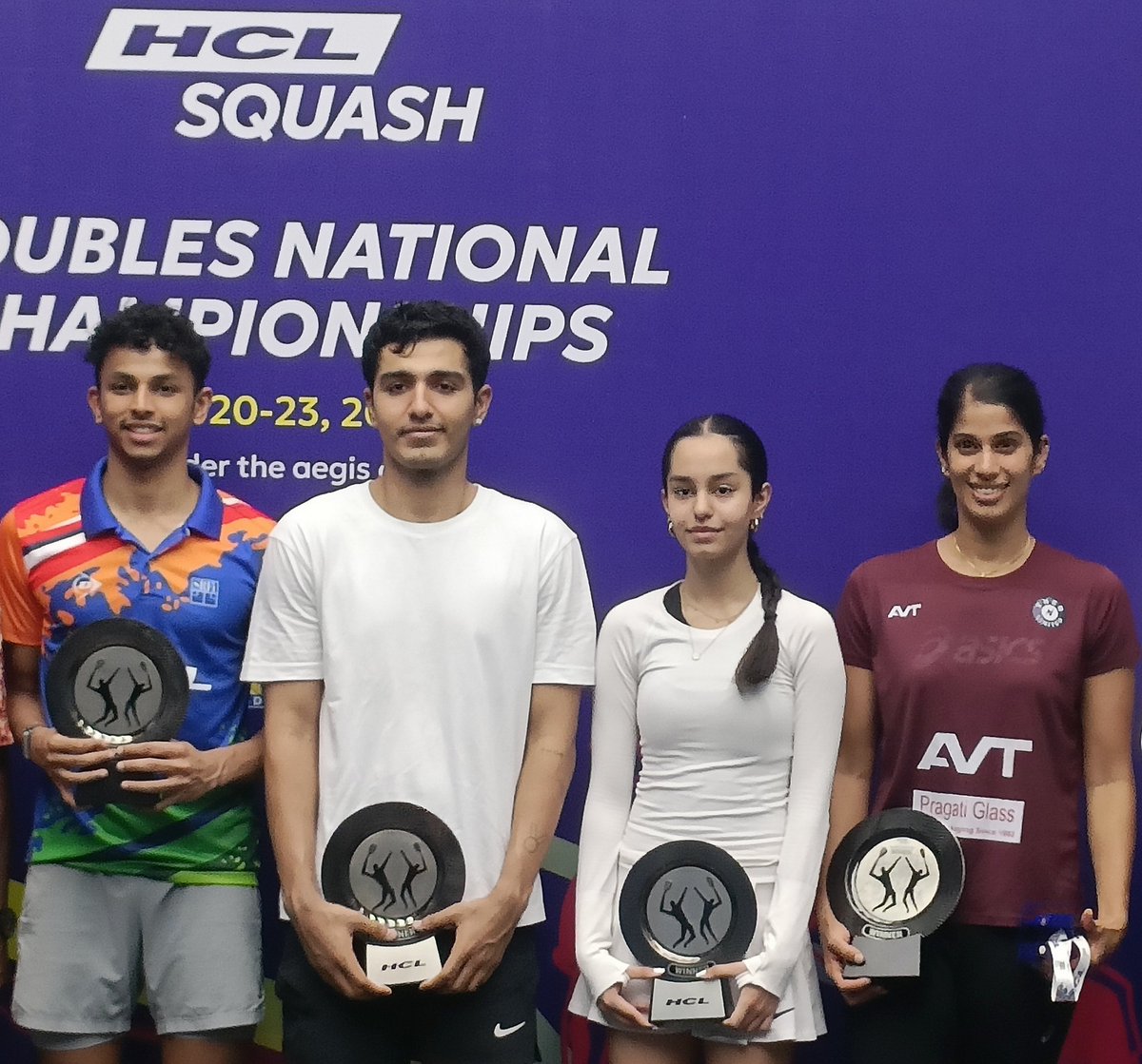 Day spent well at National Squash C'ships (Doubles) 

Women's 🏆 - Anahat Singh &amp; Joshna Chinappa 
Men - Abhay Singh &amp; Velavan Senthilkumar 
Mixed - Abhay-Anahat beat Velavan-Joshna 11-9 in deciding game in thrilling final 

Q: No. of nationals (singles) won by these 4 combined?