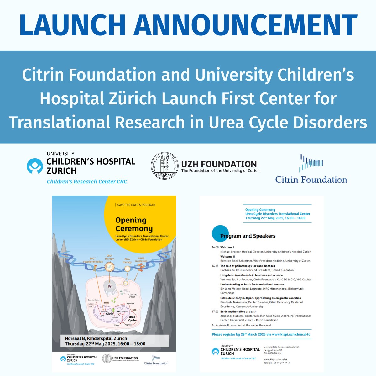 We’re proud to announce the launch of the UCD Translational Center Universität Zürich – Citrin Foundation, the world’s first dedicated center for translational research in urea cycle disorders (UCDs)
🔗 Read more about the Center’s opening on our website:citrinfoundation.org/ucd-translatio…