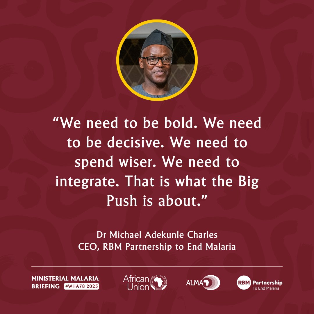 ALMA2030 (@alma_2030) on Twitter photo #WHA78 reflections:
Speaking at the launch of the first ever Ministerial Malaria Champions & #ChangetheStory - Chpt 3., <a href="/endmalaria/">RBM Partnership</a>'s CEO - <a href="/DekunleCharles/">Dr Michael Charles</a> emphasised, "we have the commitment but it is all about action."
The fight against #malaria requires more than dialogue, #WHA78 reflections:
Speaking at the launch of the first ever Ministerial Malaria Champions & #ChangetheStory - Chpt 3., <a href="/endmalaria/">RBM Partnership</a>'s CEO - <a href="/DekunleCharles/">Dr Michael Charles</a> emphasised, "we have the commitment but it is all about action."
The fight against #malaria requires more than dialogue,