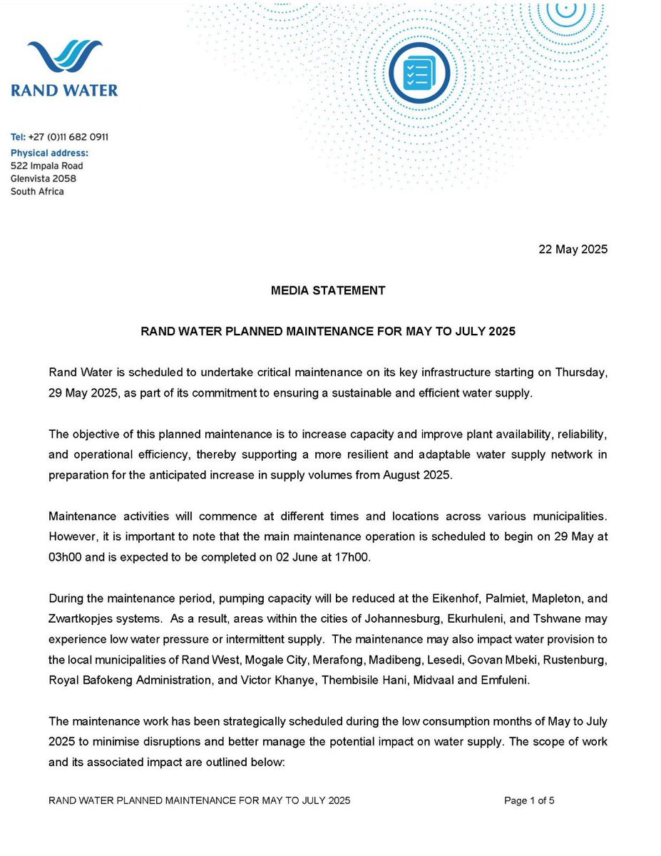 Rand_Water's tweet photo. 🚨Media Statement🚨
Rand Water is scheduled to undertake critical maintenance on its key infrastructure starting on Thursday, 29 May 2025, as part of its commitment to ensuring a sustainable and efficient water supply.

@CityTshwane https://t.co/h13MjWUtst