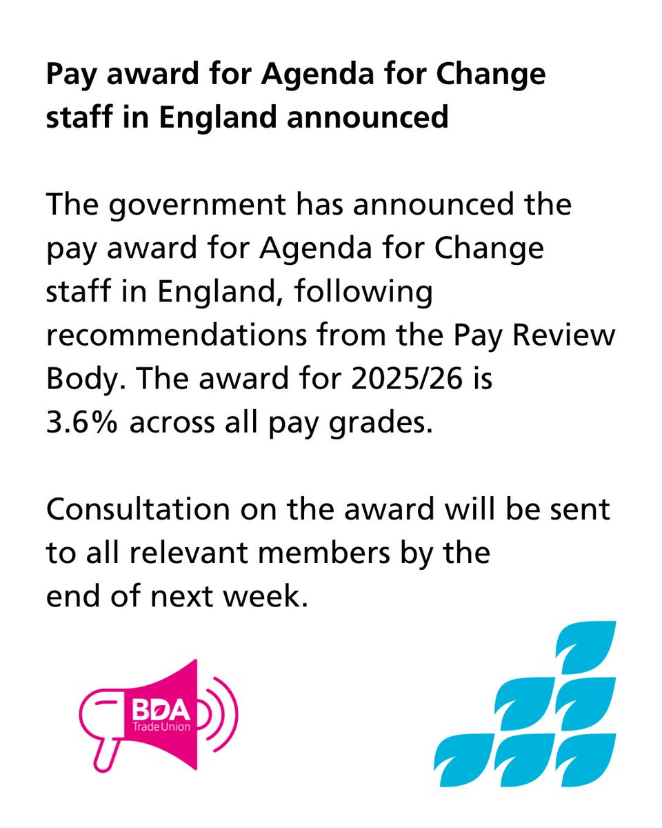 A pay award of 3.6% has been announced across all pay grades. Relevant members will soon be consulted on the award. Find out more ➡ bda.uk.com/resource/pay-a…