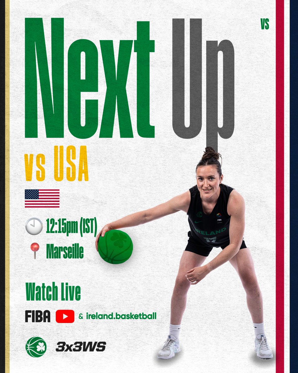 Basketball Ireland (@bballirl) on Twitter photo We will now play <a href="/usab3x3/">USA Basketball 3x3</a> in the opening game of the <a href="/FIBA3x3/">3x3 Basketball | FIBA3x3</a> Women's World Series event in Marseille this afternoon 🚨
Watch it live from 12:15 ➡️ bit.ly/4ja9F2t
#3x3WS | #IrishBasketball We will now play <a href="/usab3x3/">USA Basketball 3x3</a> in the opening game of the <a href="/FIBA3x3/">3x3 Basketball | FIBA3x3</a> Women's World Series event in Marseille this afternoon 🚨
Watch it live from 12:15 ➡️ bit.ly/4ja9F2t
#3x3WS | #IrishBasketball