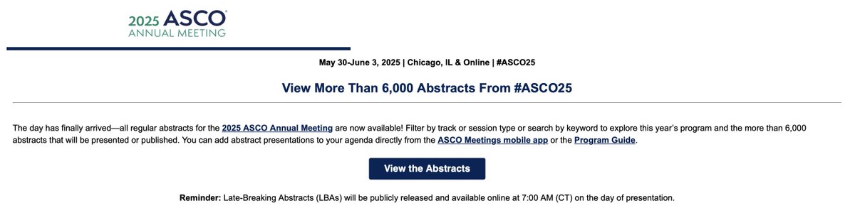 Matteo Lambertini, MD PhD (@matteolambe) on Twitter photo Finally the #ASCO25 abstracts are available online....it's going to be a super important <a href="/ASCO/">ASCO</a> for #BreastCancer !
<a href="/OncoAlert/">OncoAlert</a> <a href="/ConquerCancerFd/">Conquer Cancer, the ASCO Foundation</a> <a href="/ASCOPost/">The ASCO Post</a>
Link:
meetings.asco.org/abstracts-pres… Finally the #ASCO25 abstracts are available online....it's going to be a super important <a href="/ASCO/">ASCO</a> for #BreastCancer !
<a href="/OncoAlert/">OncoAlert</a> <a href="/ConquerCancerFd/">Conquer Cancer, the ASCO Foundation</a> <a href="/ASCOPost/">The ASCO Post</a>
Link:
meetings.asco.org/abstracts-pres…