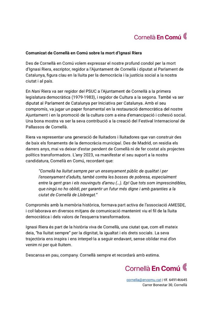 CatComuCornella's tweet photo. 🕊️ Des de Cornellà en Comú lamentem la mort d’Ignasi Riera, escriptor, periodista i referent històric del PSUC.

Una vida dedicada a la cultura, la política i el pensament crític. Ens deixa un llegat immens.

Una abraçada a la seva família i amistats.

#IgnasiRiera #Cornellà #DEP https://t.co/viaZxcxzr8