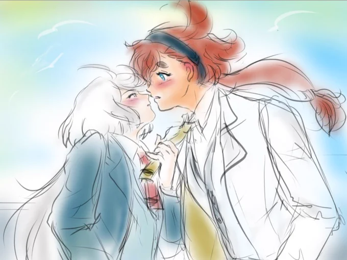 過去絵ですが、フォロワーさんのポスト見て便乗させていただきますだってスレミオ最高なんだもの青春フロンティア最高や最後はチューしてないけど、青春フロンティア連載開始を祝いたいのでキスする直前やし。ええかなぁ。と。 #スレミオ #キスの日