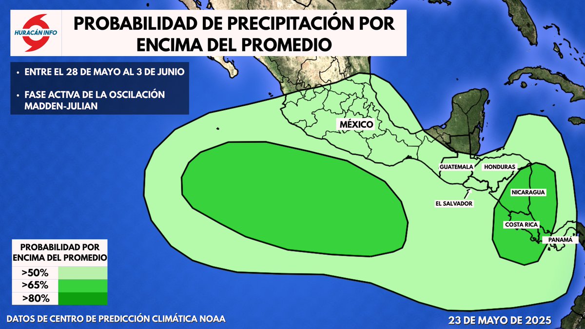 🟡VUELVEN LAS LLUVIAS🟡
En su última actualización, el Centro de Predicción Climática de la NOAA ha marcado una amplia zona en Centroamérica y México (🇲🇽,🇸🇻,🇭🇳,🇬🇹,🇧🇿,🇳🇮,🇨🇷,🇵🇦) con probabilidades superiores al 50% y 65% de lluvia por encima del promedio entre el 28 de Mayo y el 03