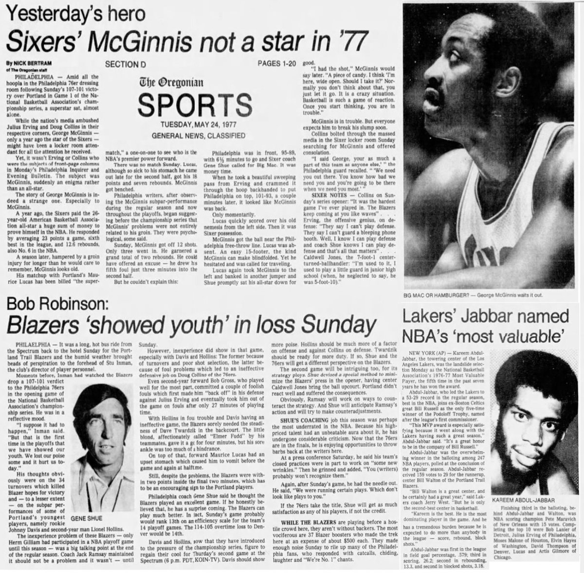 77Blazers's tweet photo. May 23, 1977 - The day after the Game 1 loss vs the @sixers in the @NBA Finals, #BillWalton and #LarrySteele of the @trailblazers graced the cover of @SInow.

The two #Portland newspapers, the @Oregonian and the #OregonJournal, each filled the their columns with Game 1 assessments, and the news that @kaj33 has won his 5th #MVP award, with #Blazers center Walton finishing second.

In addition, both papers have ads highlighting @KOINNews coverage of the team. #KOIN is the local affiliate of @CBS which is covering the series, as well as the various #Blazersmania paraphernalia.  

#RipCity #ThisDateinBlazersHistory #OTD