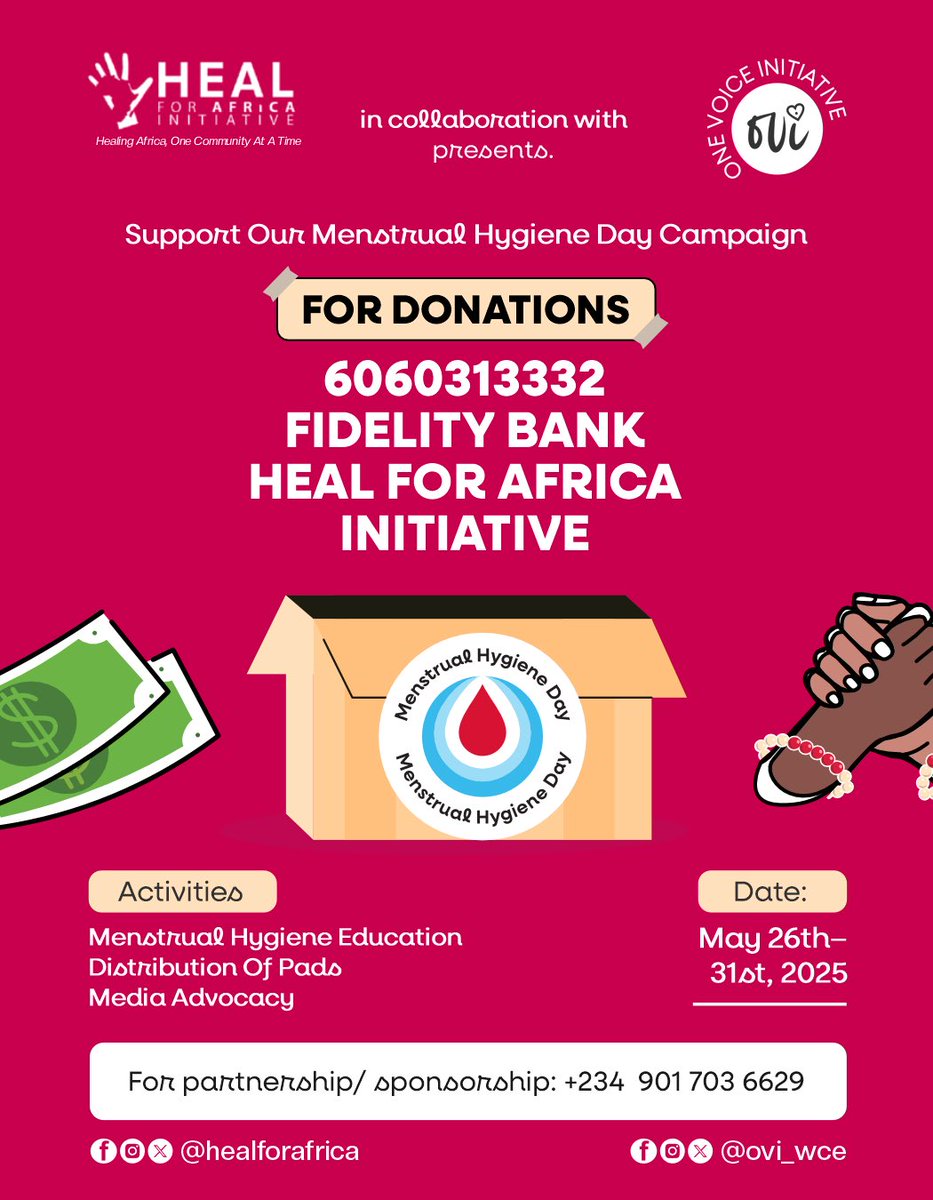 ovi_wce's tweet photo. Let’s create a world where every girl has access to safe menstrual care.

From May 26th–31st, we’re educating, advocating, and distributing menstrual pads to empower girls and women.

Your support makes a difference. Donate today!

#MHDay2025 #PeriodFriendlyWorld @healthertainer https://t.co/5Y0QFKw42w